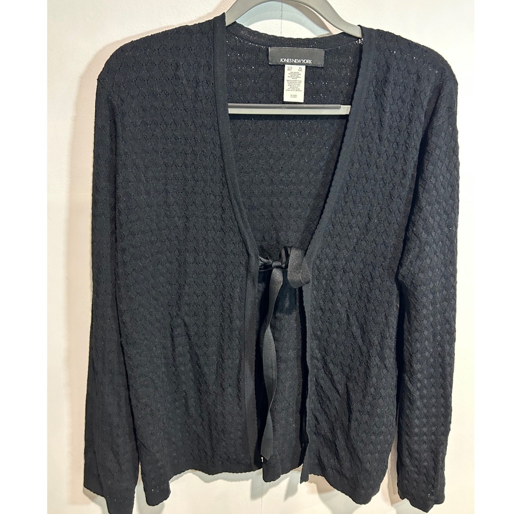 Jones New York Cardigan Women XL Black Ribbon Tie Front Textured Knit Sweater